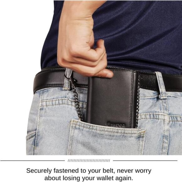 Mens Wallet with Chain, Genuine Leather Trifold Wallet RFID Blocking Anti-Theft - Picture 2 of 7